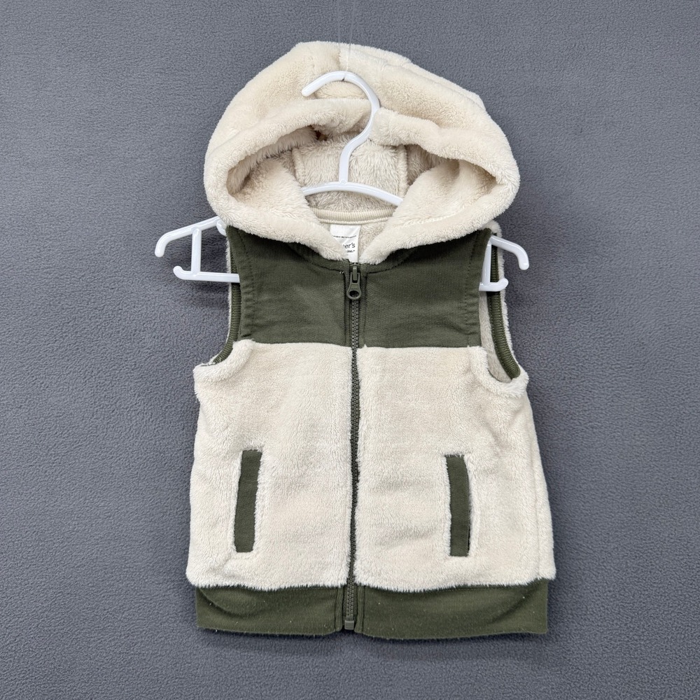 Carters 3-6m Baby Boy Girl Hooded Fleece Vest Sherpa Lined Green Cream